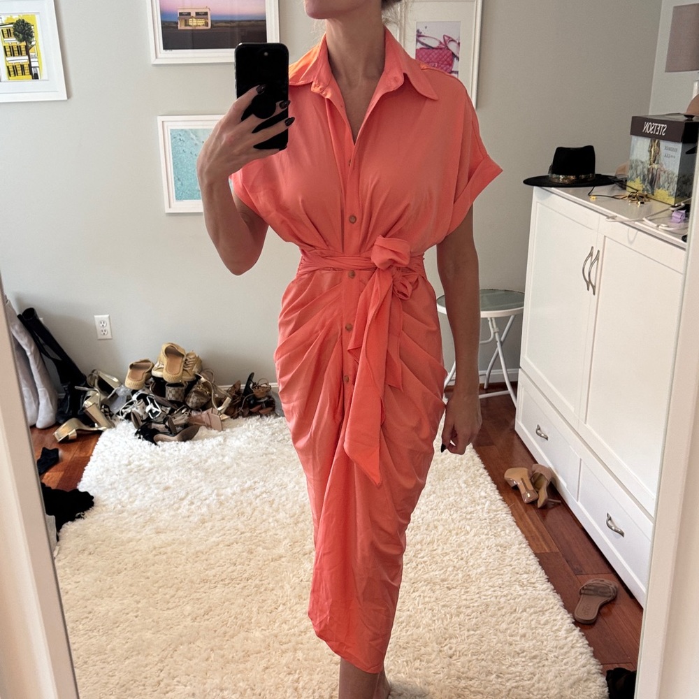 Mable Coral Button-Up Midi Dress